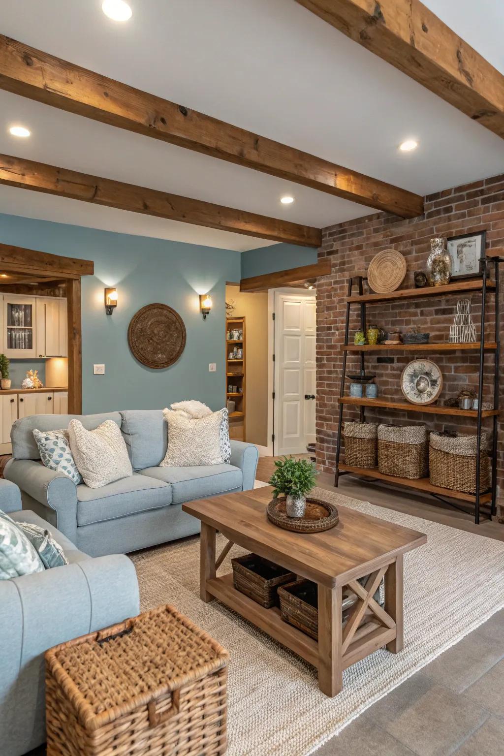 A modern farmhouse living room with a soft blue accent wall.