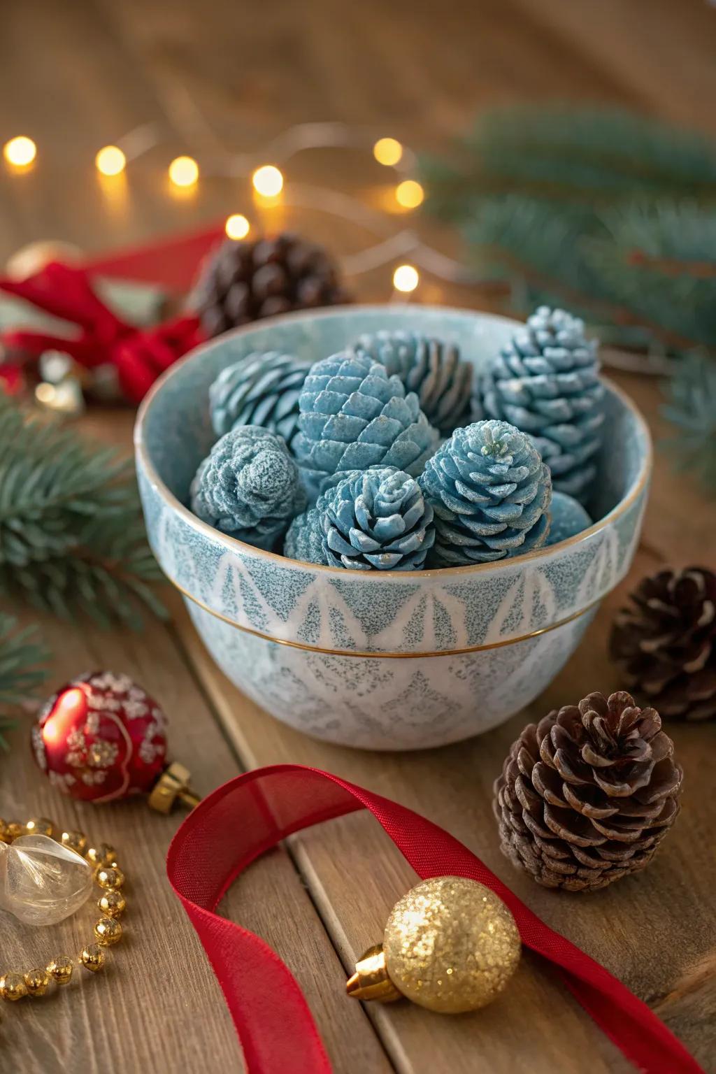 Frosted blue pinecones add a wintery touch to your holiday decor.