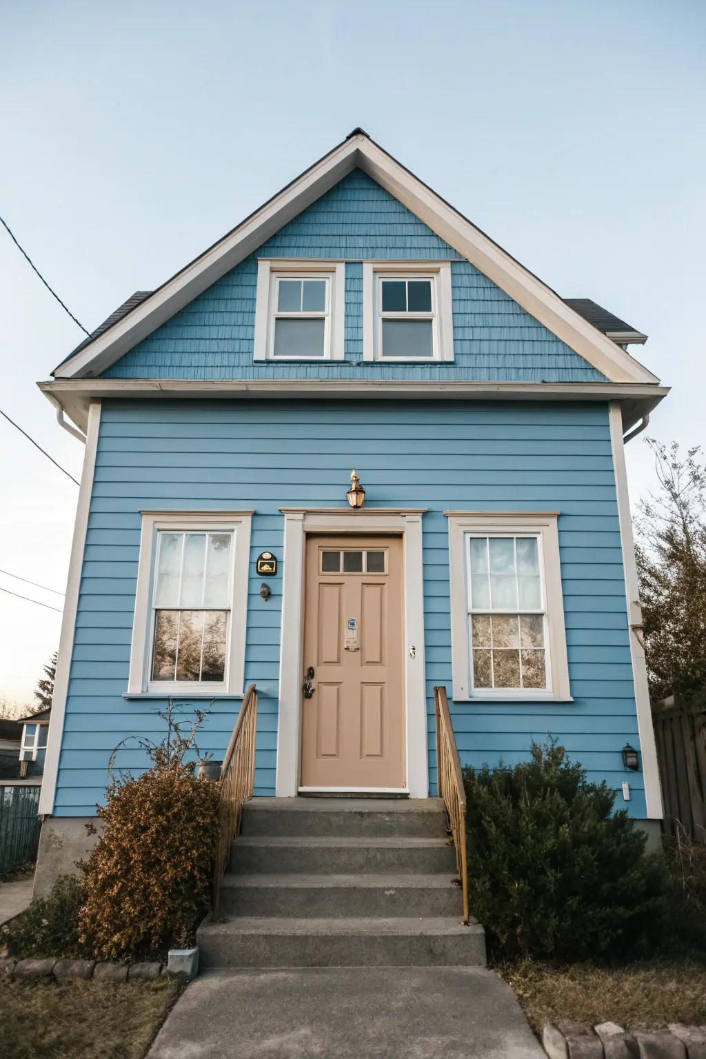 Taupe doors offer a warm and inviting contrast to blue homes.