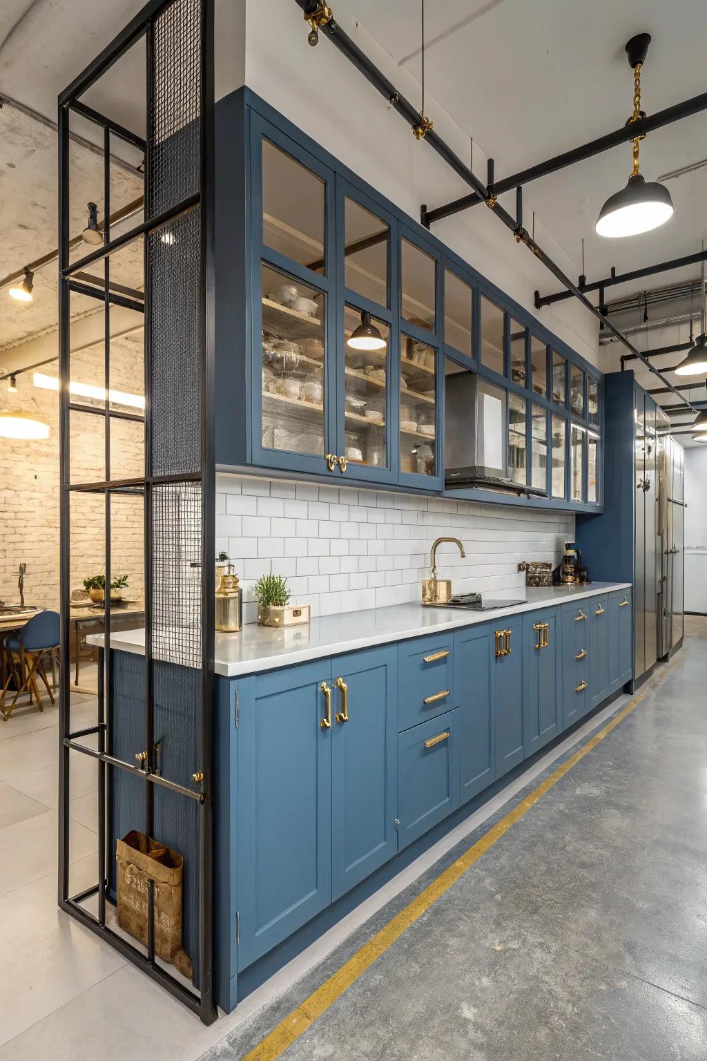 Blue cabinets with gold hardware and exposed metal elements add an industrial edge to the kitchen.