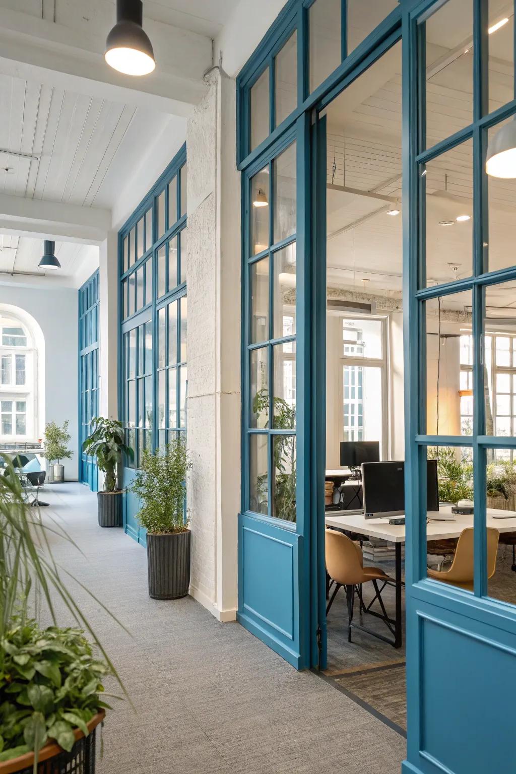 Blue window frames subtly highlight architecture.