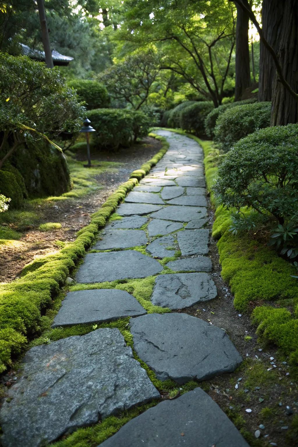 Moss-filled gaps give bluestone paths an aged, natural look.