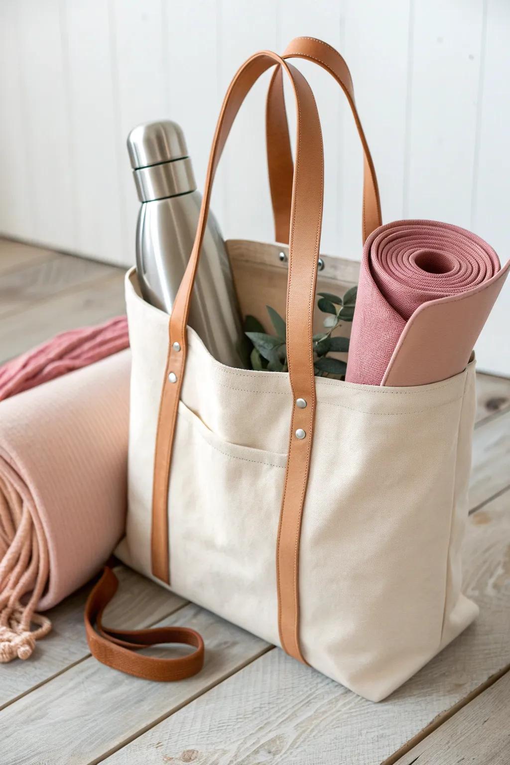 Elevate your workout style with this minimalist chic tote; it's the perfect blend of function and fashion for your fitness routine.