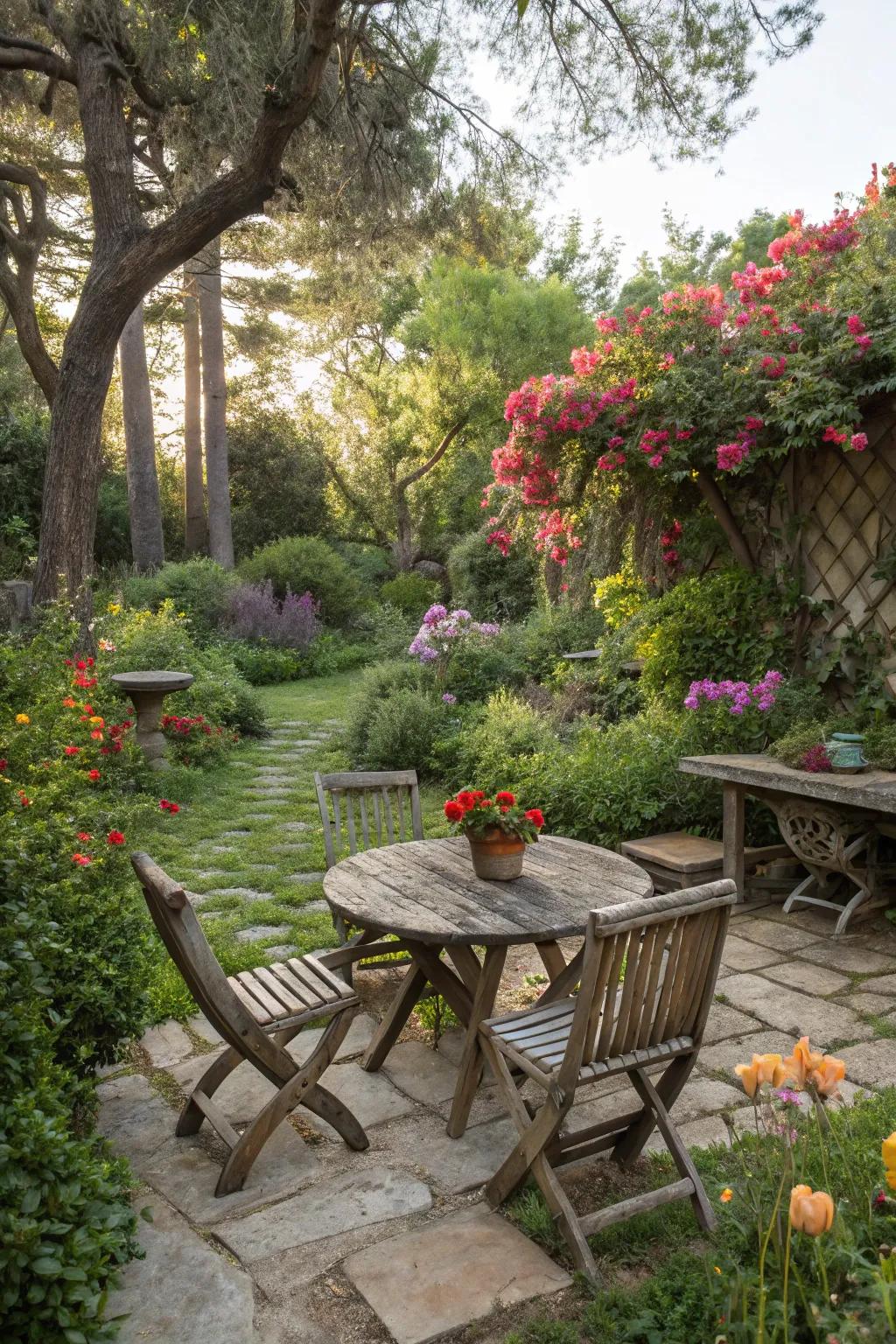 Rustic charm with weathered wood furniture.