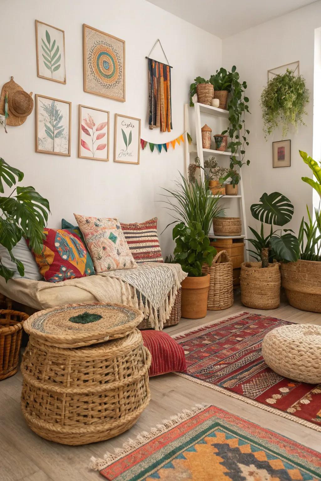 Wicker accents offer texture and versatility in boho decor.