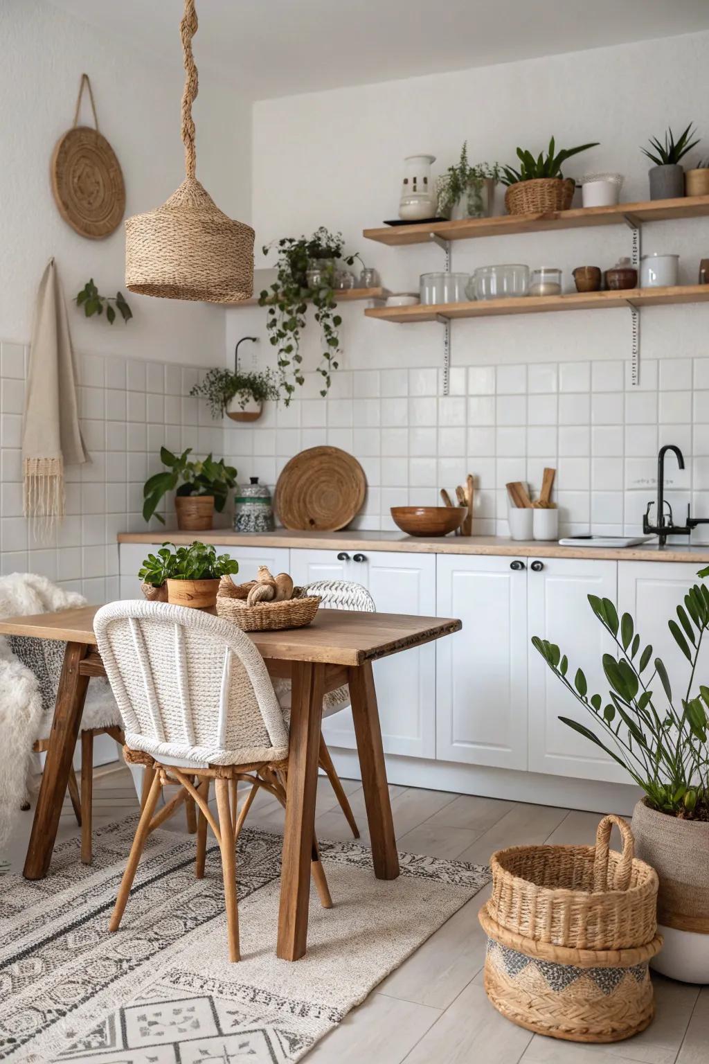 White tiles create a clean backdrop in this minimalist boho kitchen.