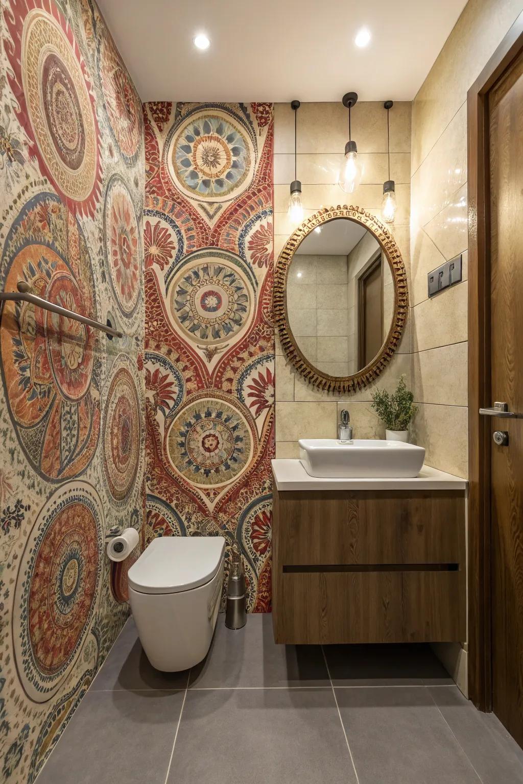 A statement wallpaper creates a focal point and adds boho flair.