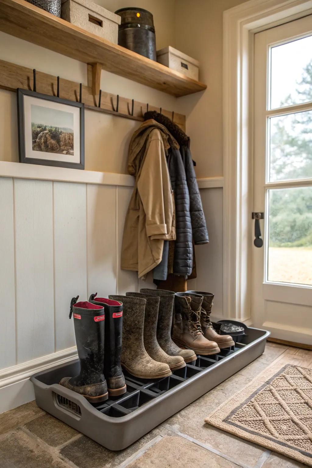 A boot rack or tray keeps footwear organized and floors clean.