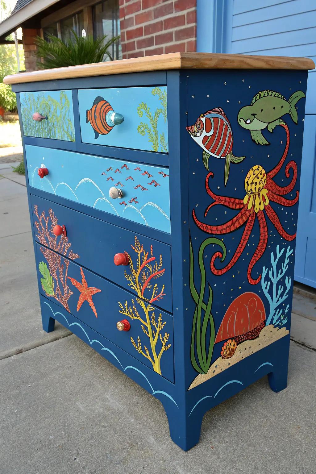 Dive into a world of imagination with this handcrafted underwater adventure dresser, a perfect blend of creativity and craftsmanship!