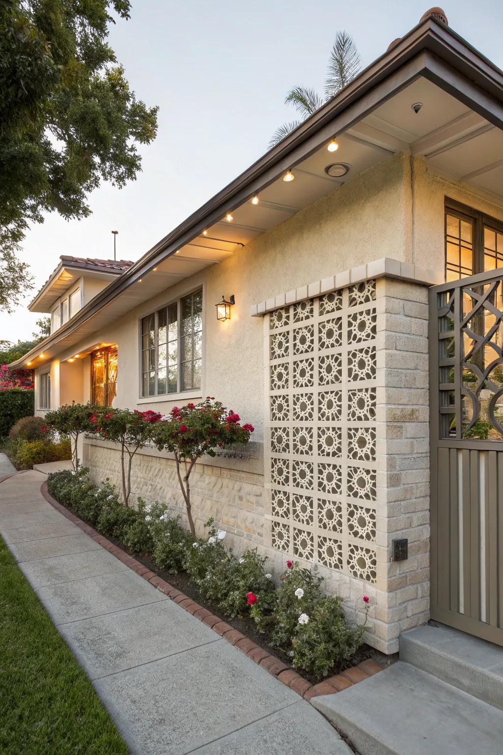 A home facade enhanced by a stylish breeze block wall.