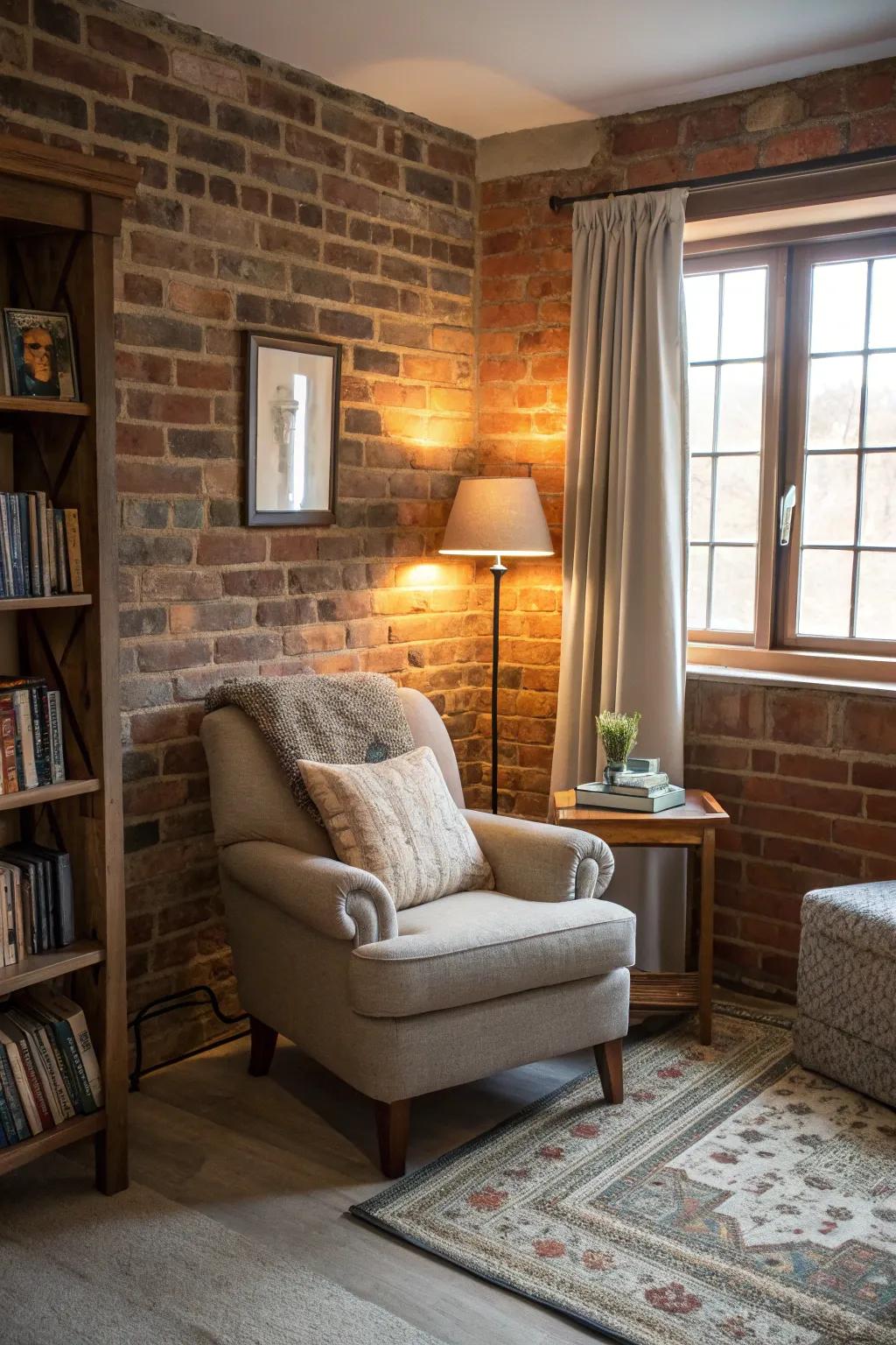 A cozy nook defined by a charming brick wall.