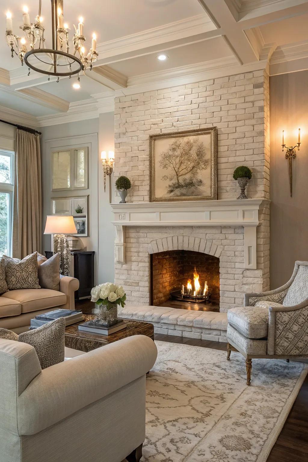 Subtle sophistication with a matte-finished brick fireplace.