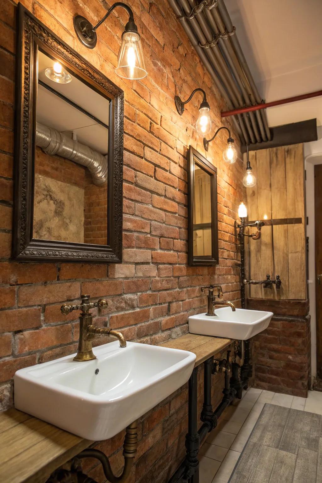 Vintage fixtures add timeless elegance to brick walls.