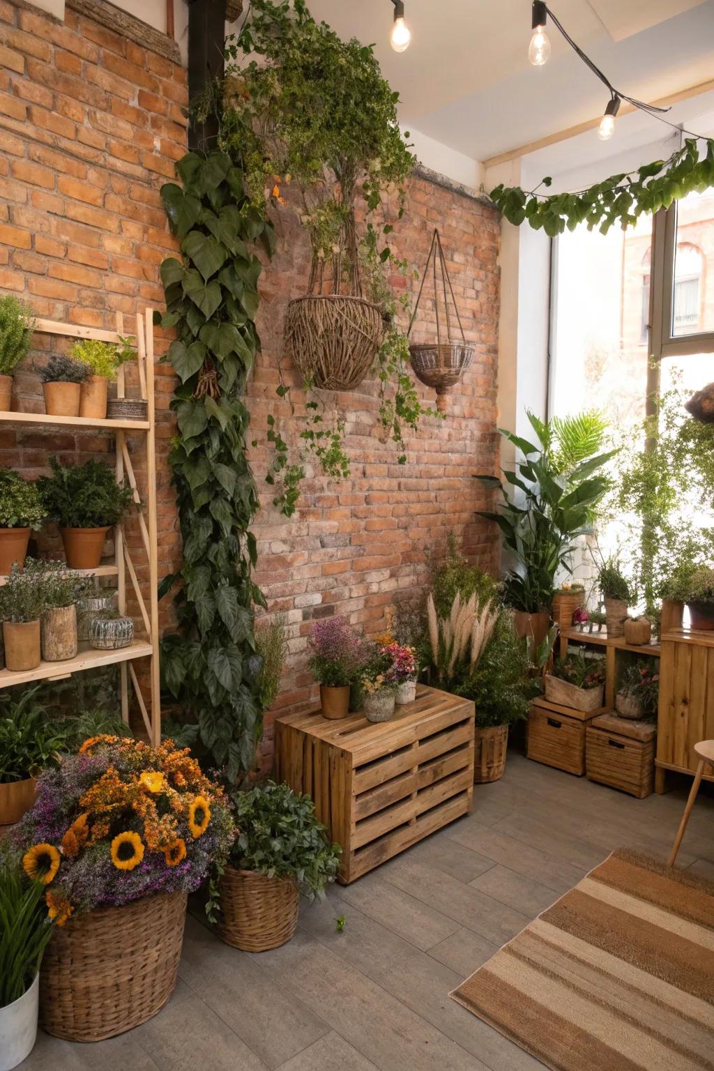 Nature-inspired decor complements the rustic feel of the brick wall.