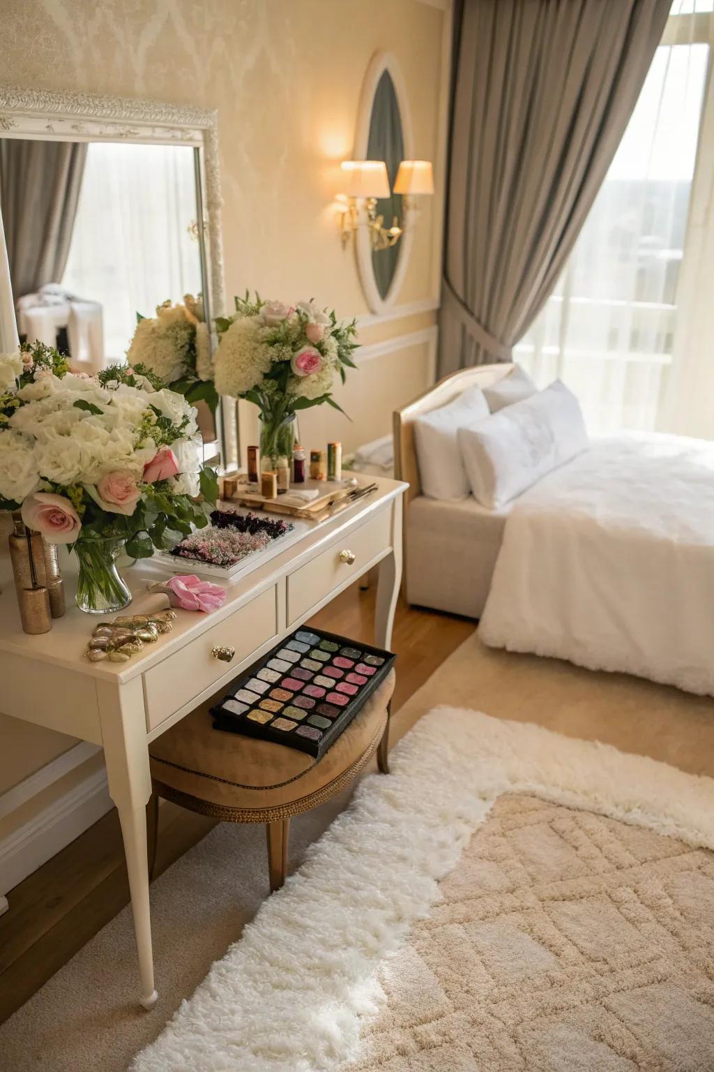 Area rugs add warmth and style to the bridal room.