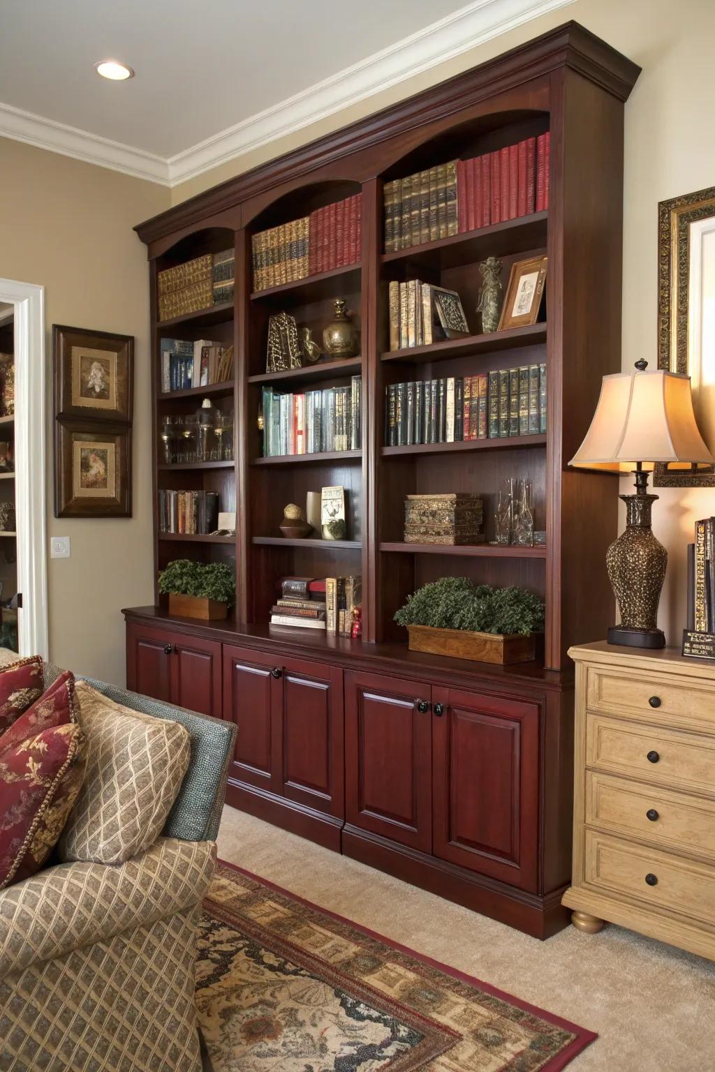 Bookcases in complementing tones offer style and storage solutions.