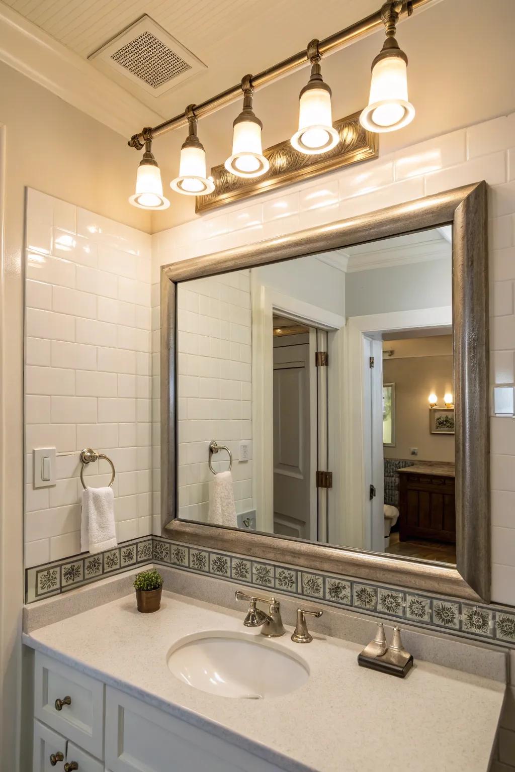 Chic simplicity with single bar brushed nickel lighting above a bathroom mirror.