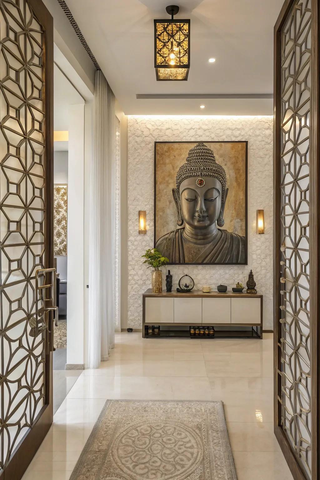 Geometric patterns in the Buddha painting add a contemporary touch to this entryway.