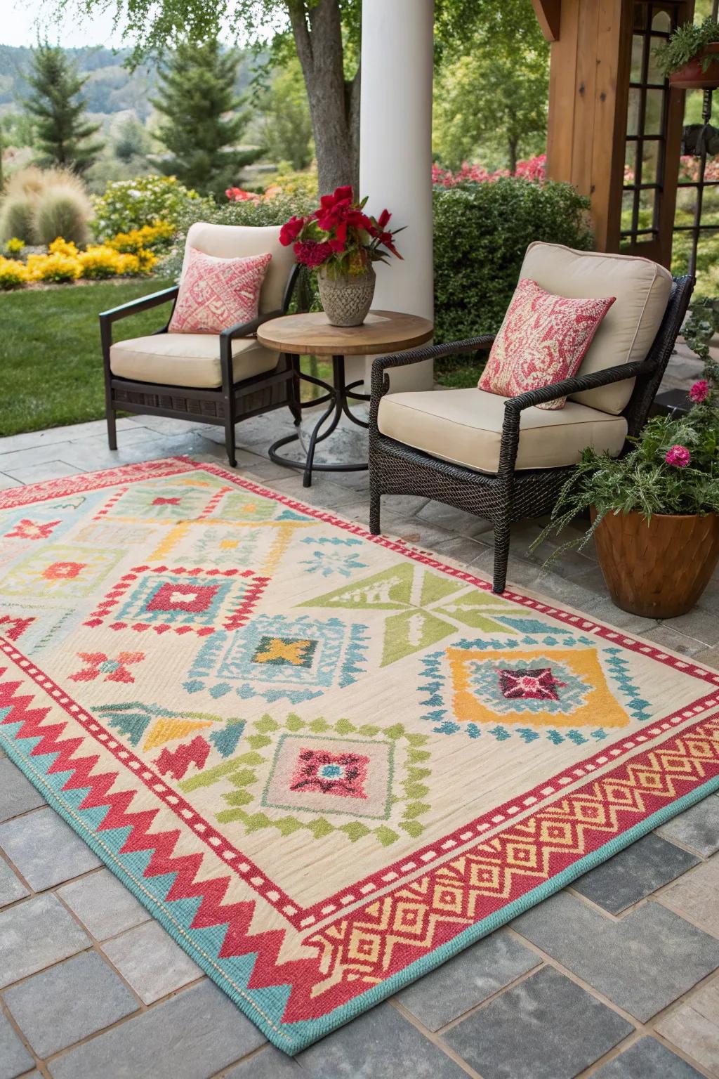 An outdoor rug brings color and comfort to your backyard.