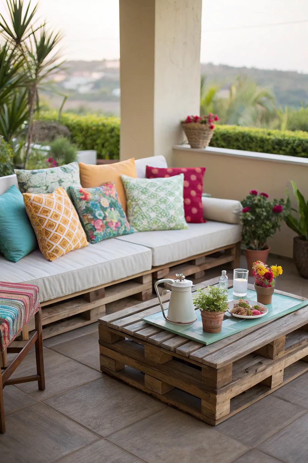 Pallet furniture offers a rustic and budget-friendly seating option.