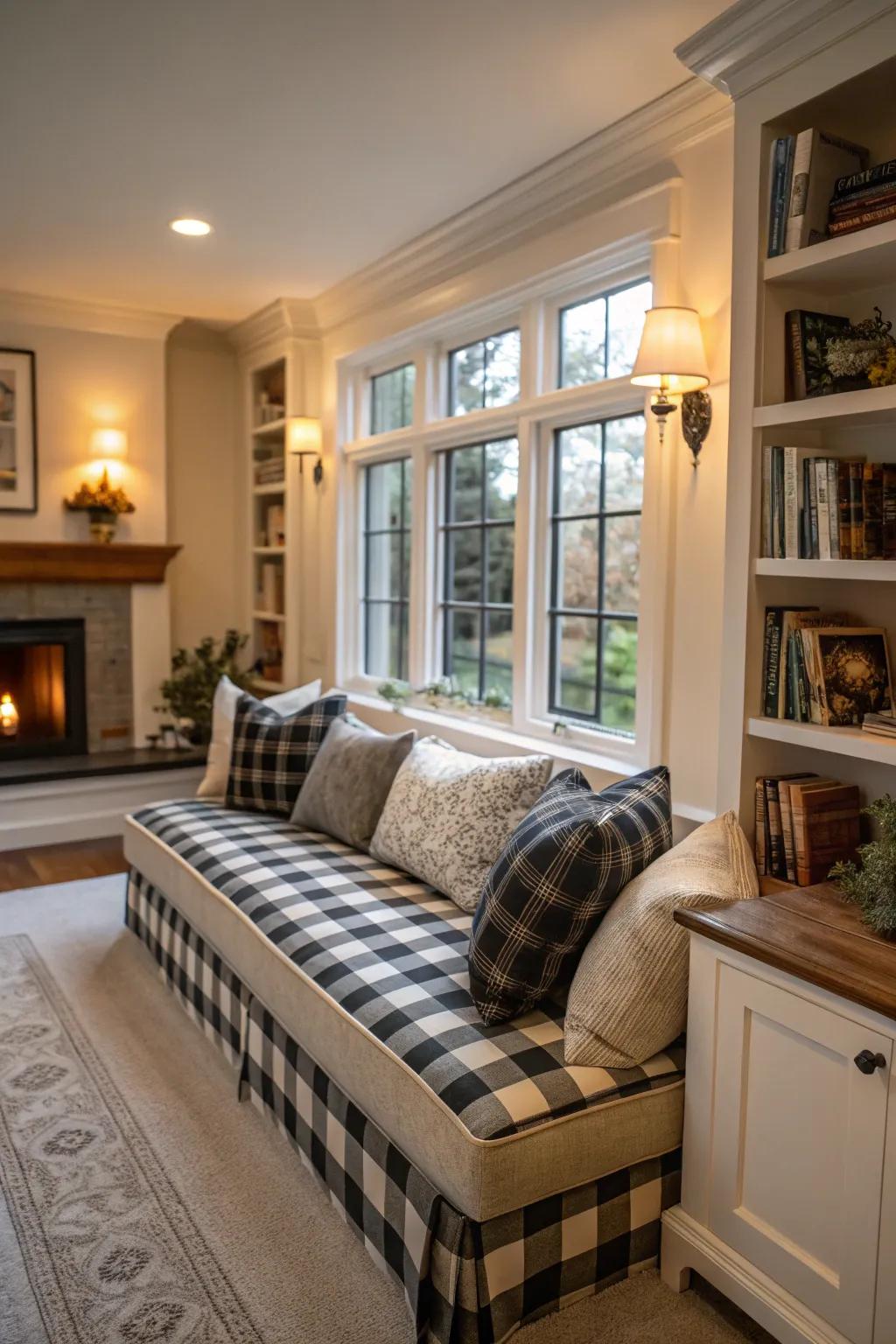 Buffalo plaid cushions enhance a cozy window seat.