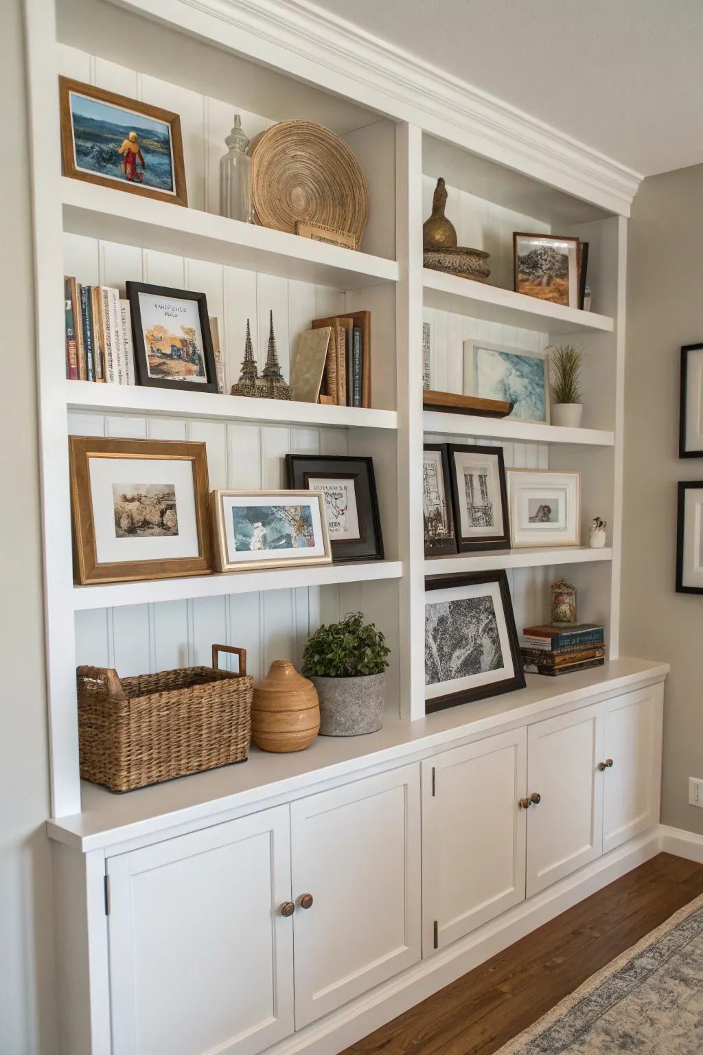 A gallery wall effect personalizes your built-in shelves.