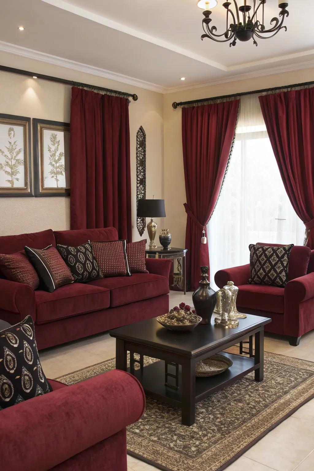 Black accents add depth and drama to this burgundy-themed living room.