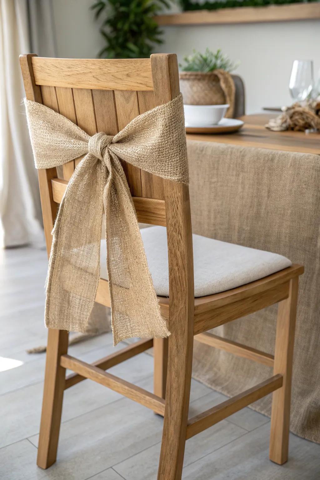 Add a touch of rustic elegance to your dining experience with beautifully tied burlap chair sashes.
