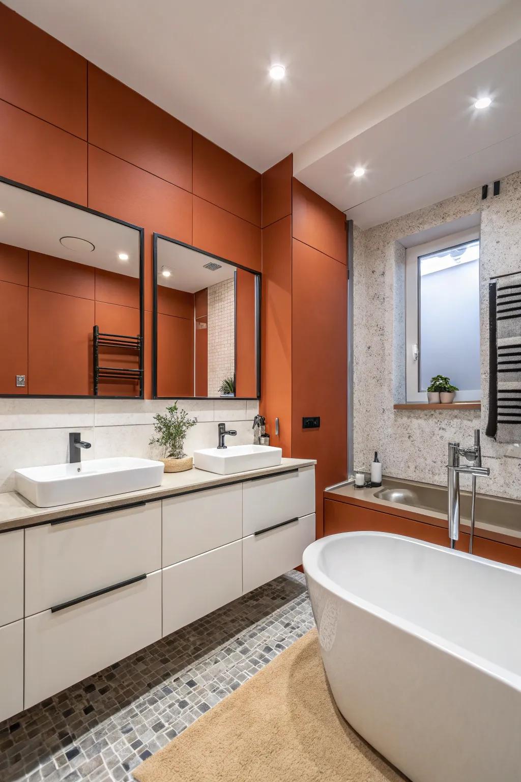 Burnt orange and white create a striking contrast in this bathroom.