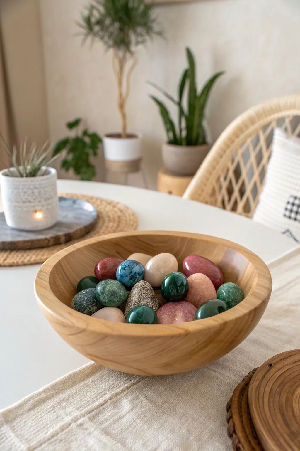 Elevate your dining experience with a stunning cabochon centerpiece that blends Scandinavian minimalism with a touch of boho flair.