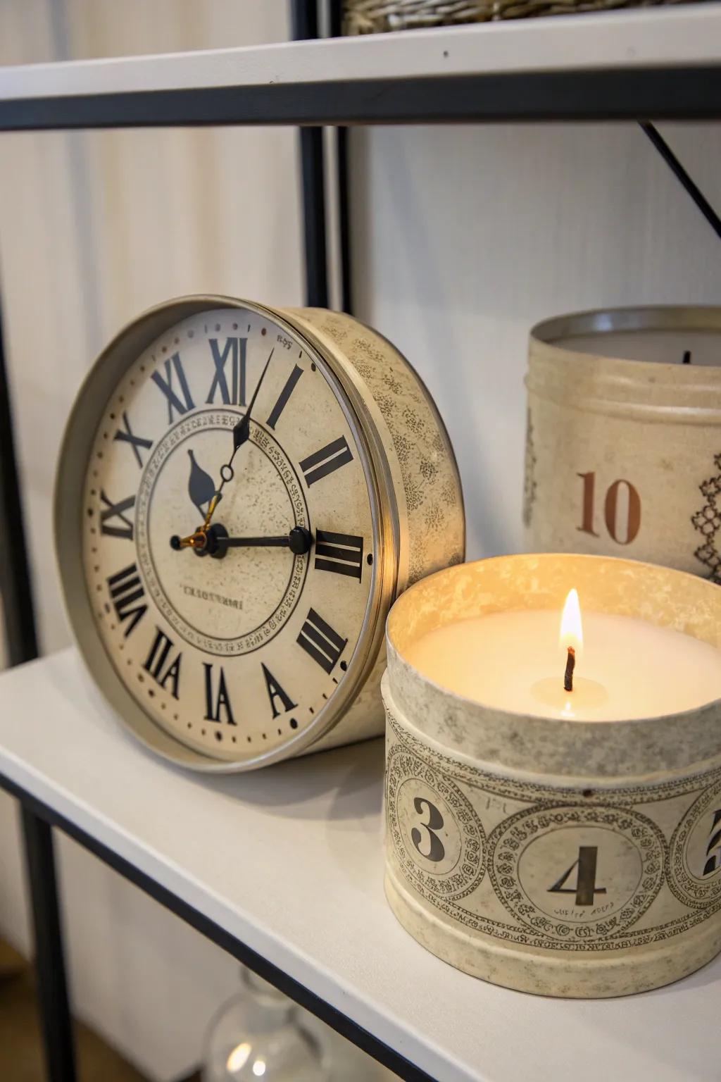 Add whimsy to your space with an upcycled clock face from candle lids.