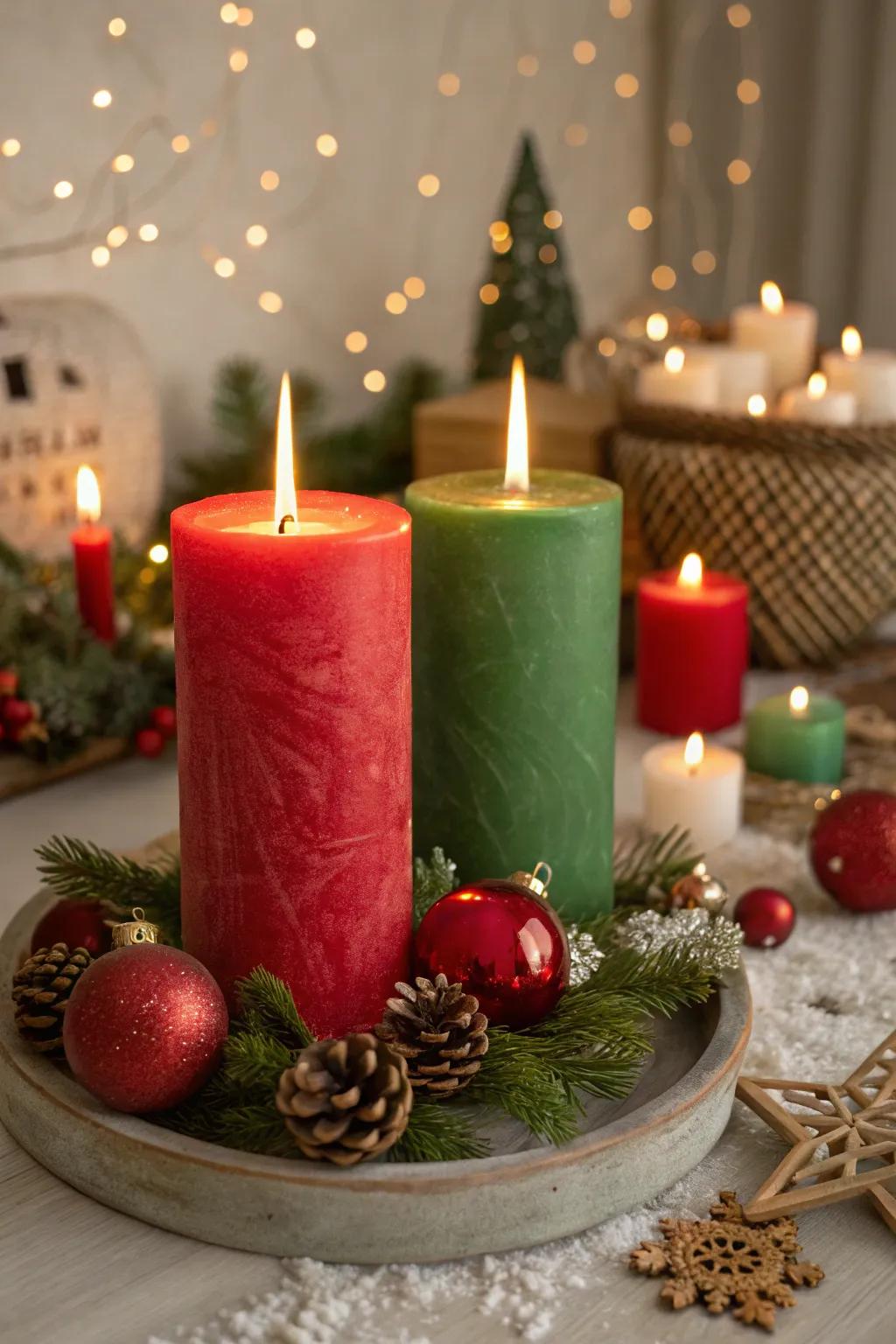 Spread holiday cheer with a classic and festive candle display.