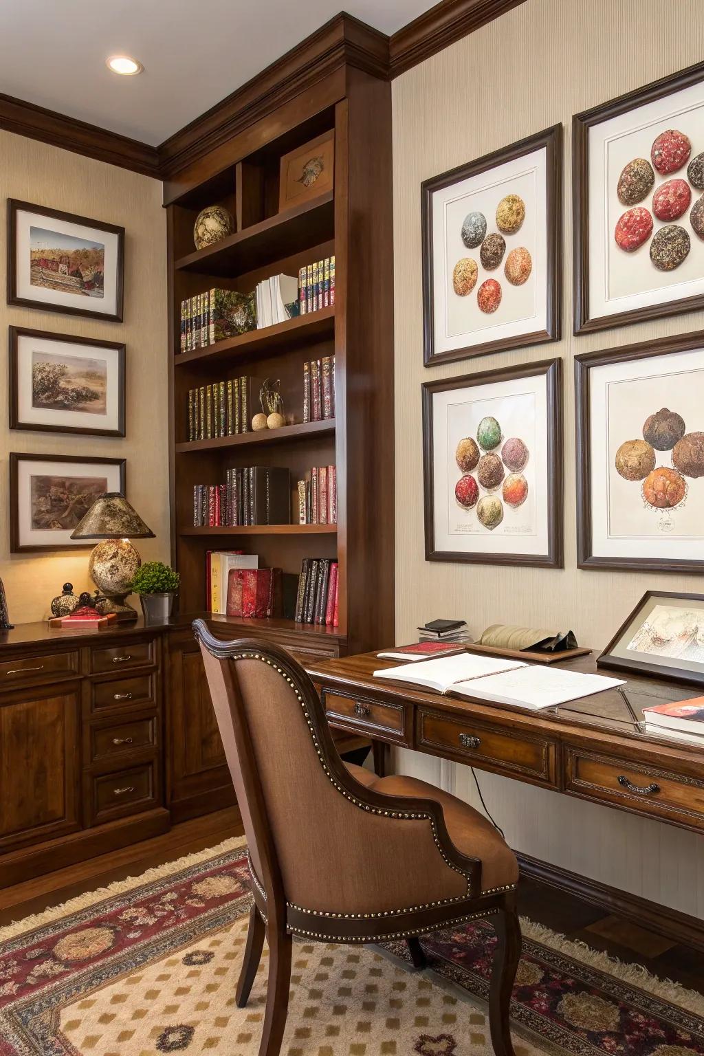 Sophisticated truffle drawings bring elegance to a home office.