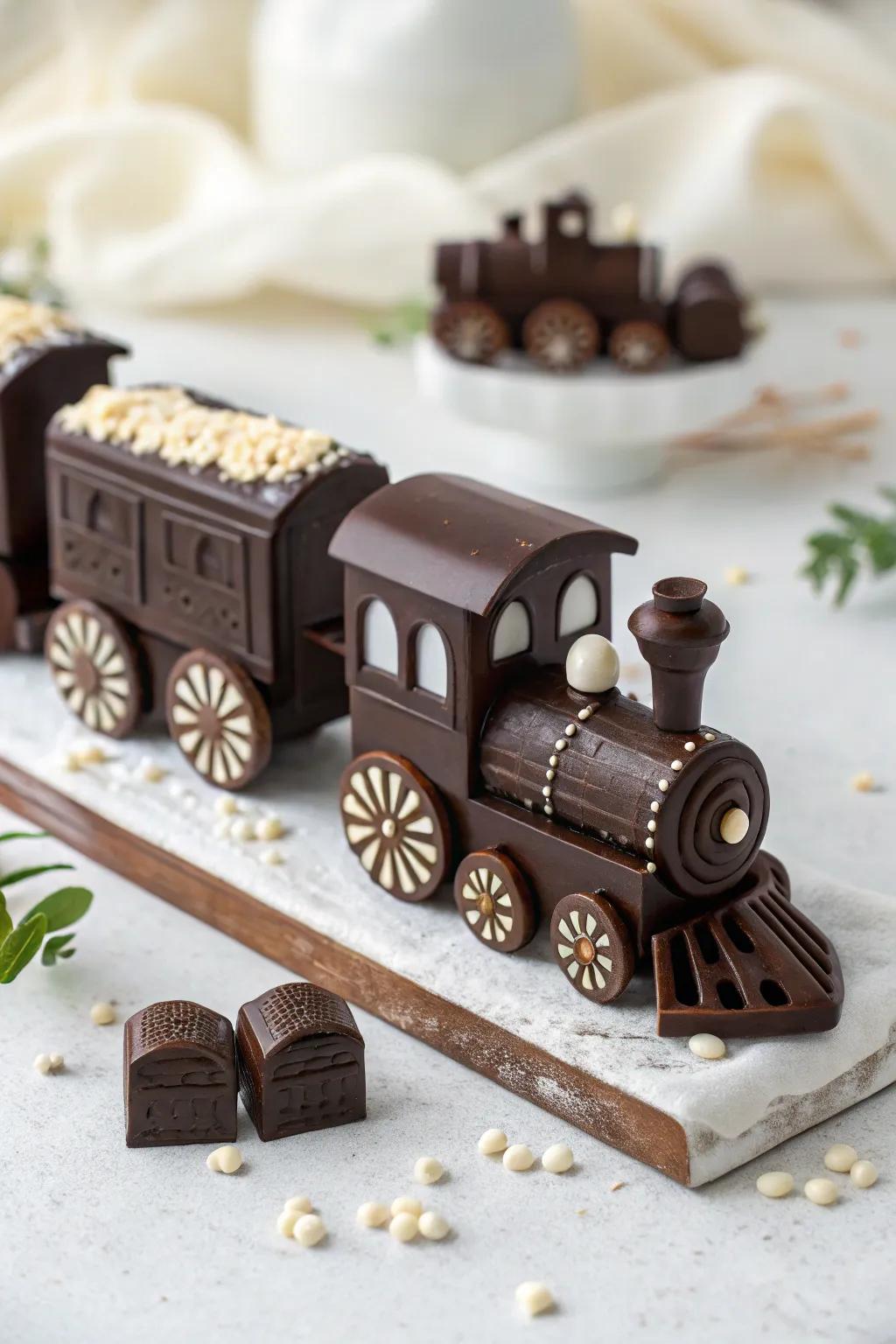 Indulge in the sweet journey of a whimsical chocolate railway, where craftsmanship meets delicious artistry.