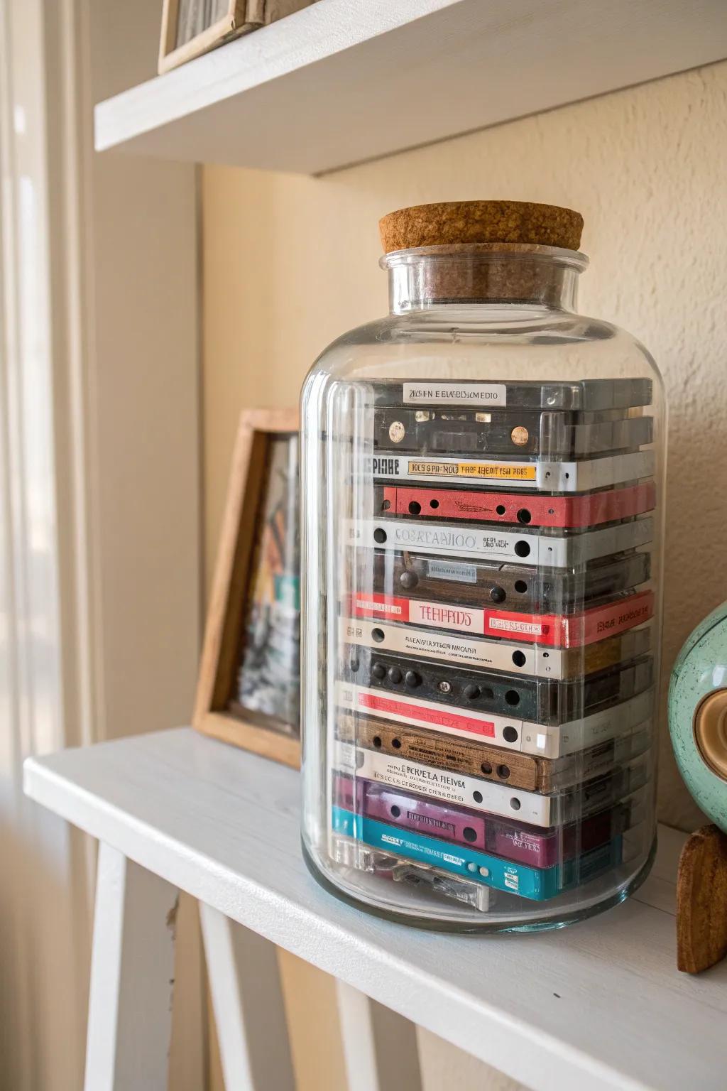 Store your memories in style with a glass jar cassette display that blends simplicity and charm.
