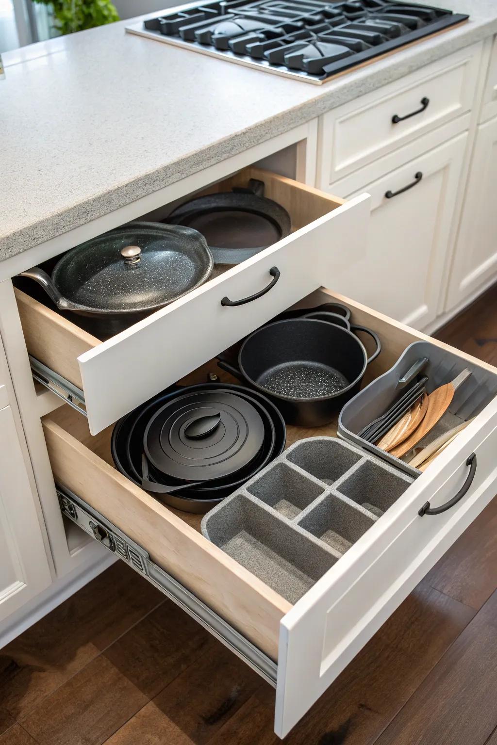 Drawer organizers for tidy cast iron storage.