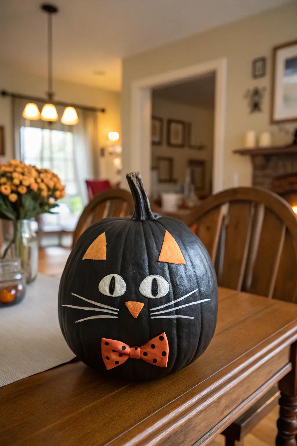 A black cat pumpkin with a sophisticated bow tie.