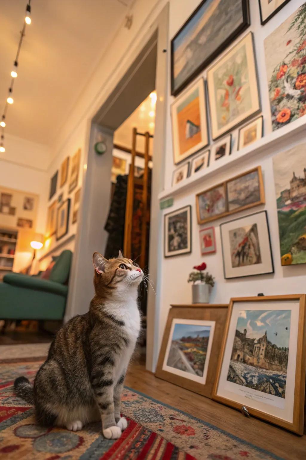 Cat-themed art brings personality and charm to the space.