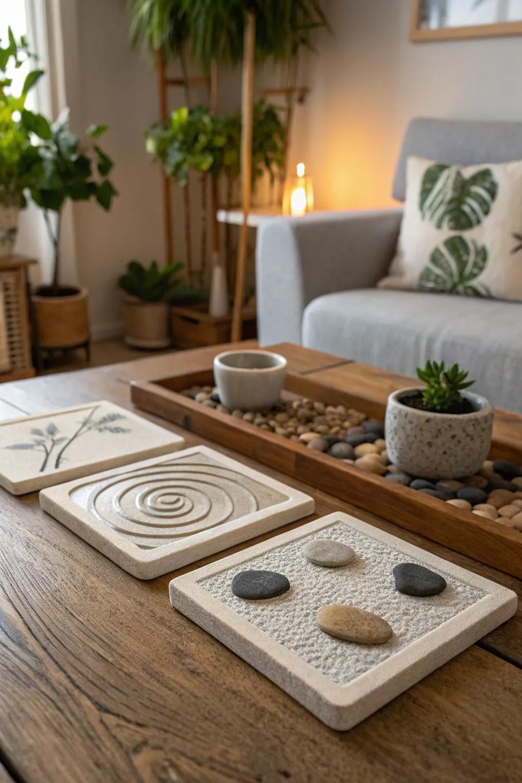 Zen garden coasters add a touch of tranquility.