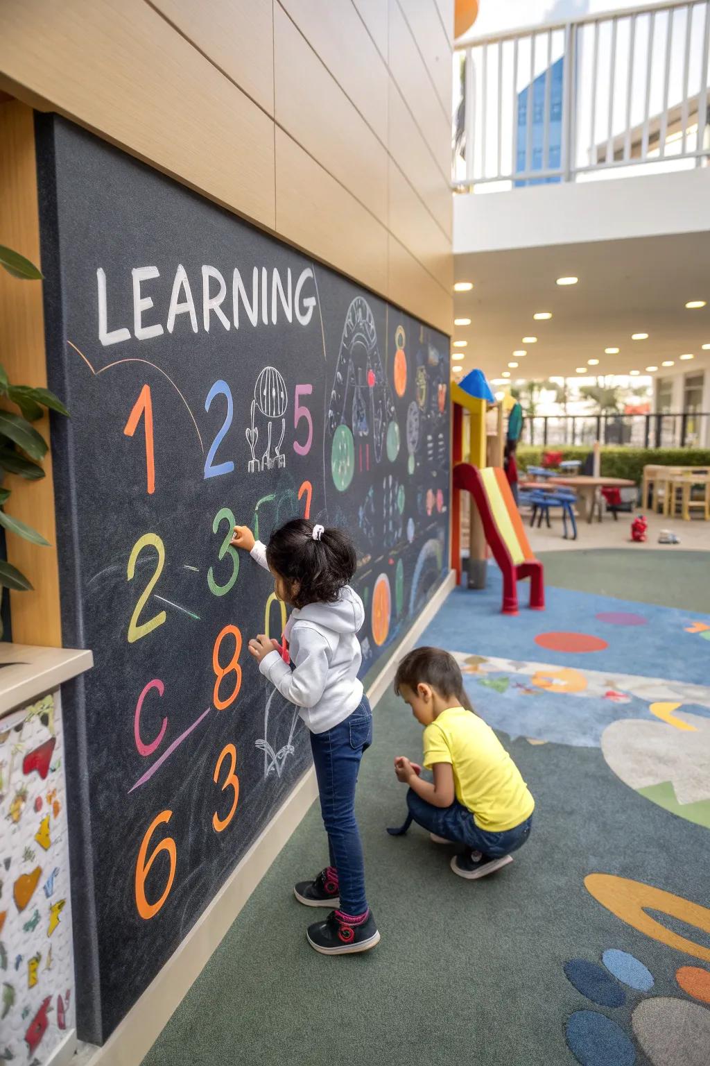 Make learning fun with an interactive chalk mural for kids.