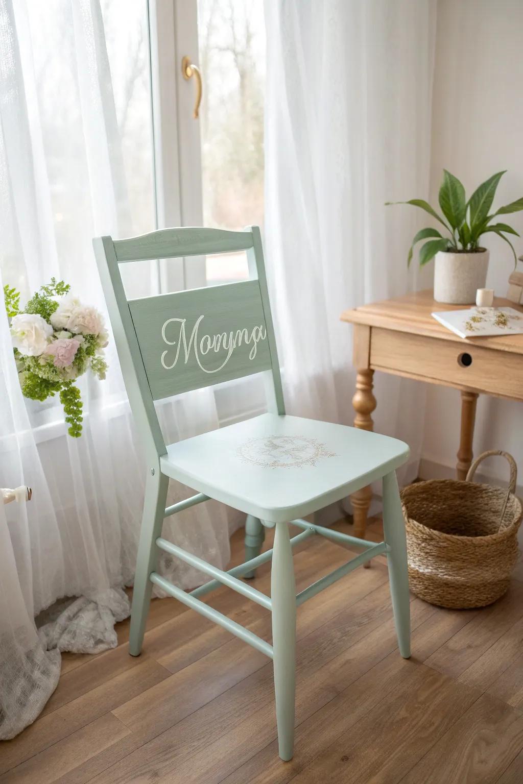 Elevate your space with a personalized touch: a beautifully monogrammed chalk paint chair for that perfect blend of simplicity and elegance.