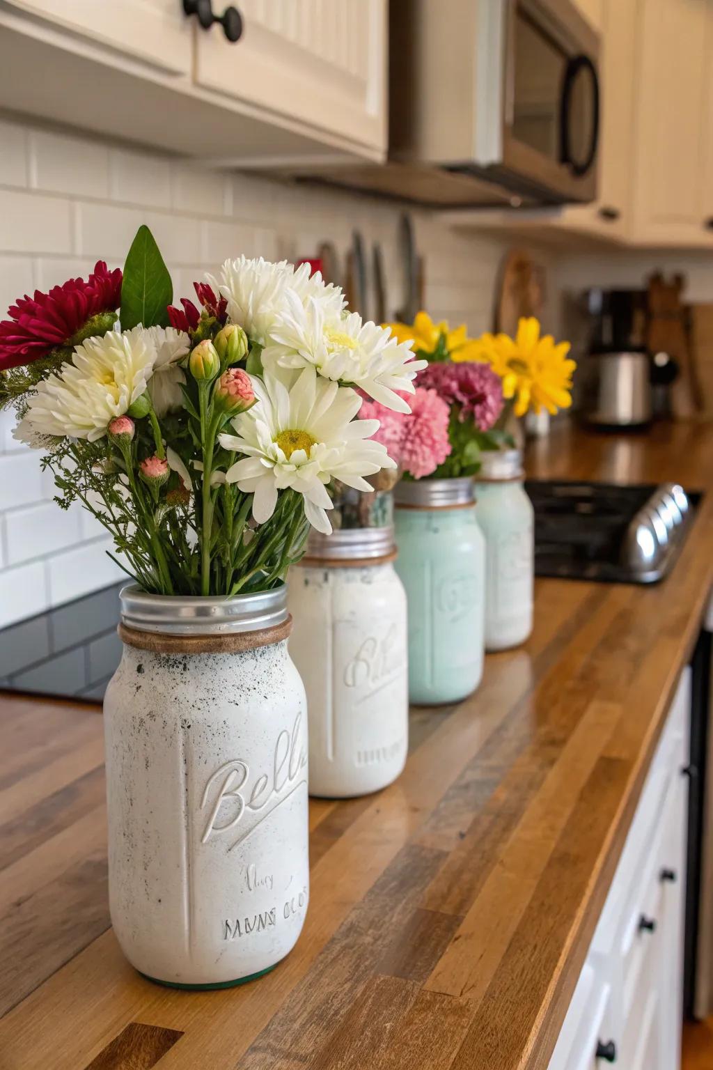 Chalk powder mason jars blend vintage charm with practical use.