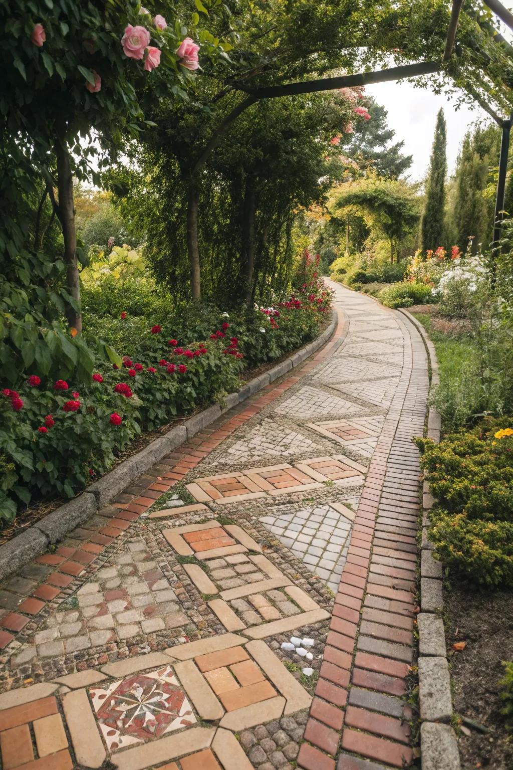 A brick and paver mosaic path adds artistic flair to the garden.