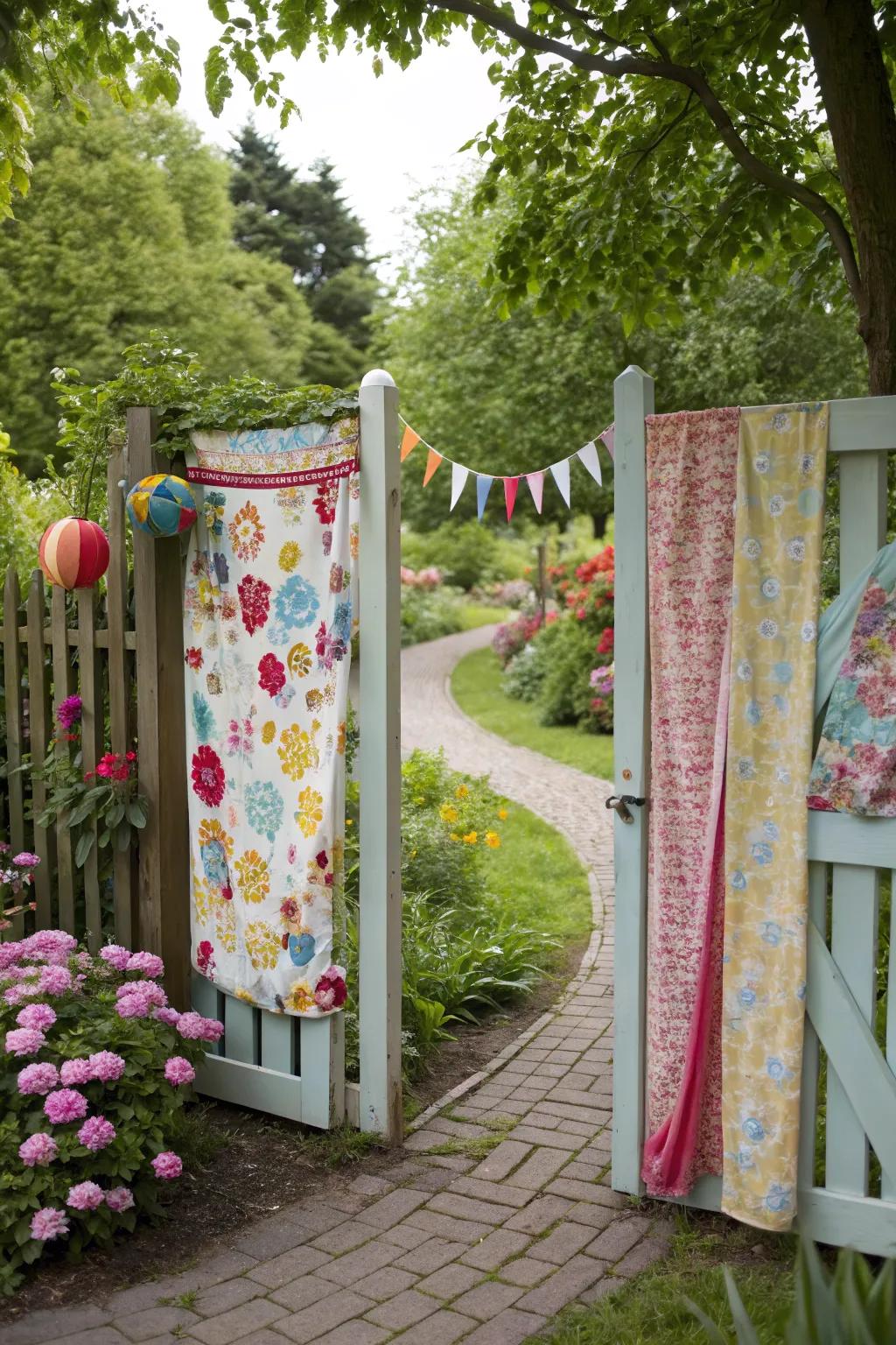 A vibrant fabric-covered garden gate, adding a playful touch to the garden's entrance.