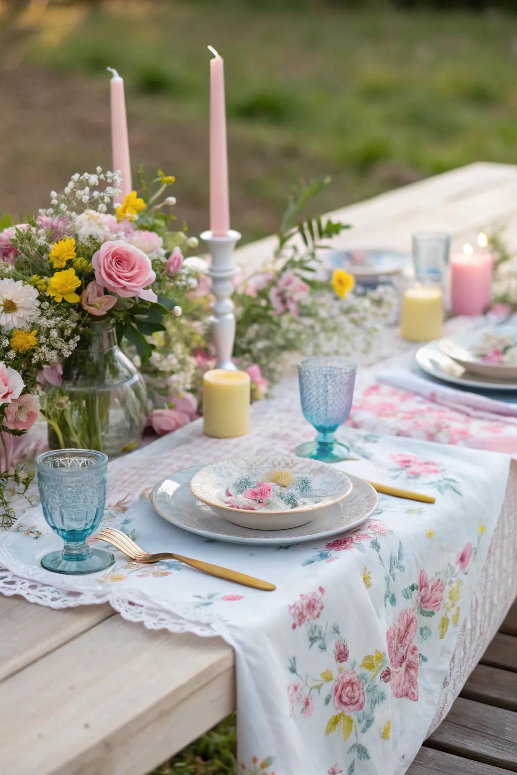 Spring blossom setting with a floral cheesecloth runner.