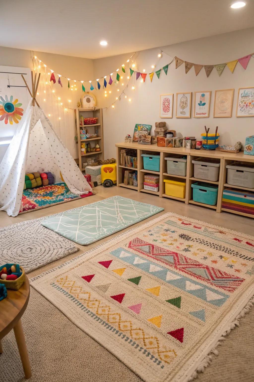 A children's room with layered rugs over carpet, creating defined zones.