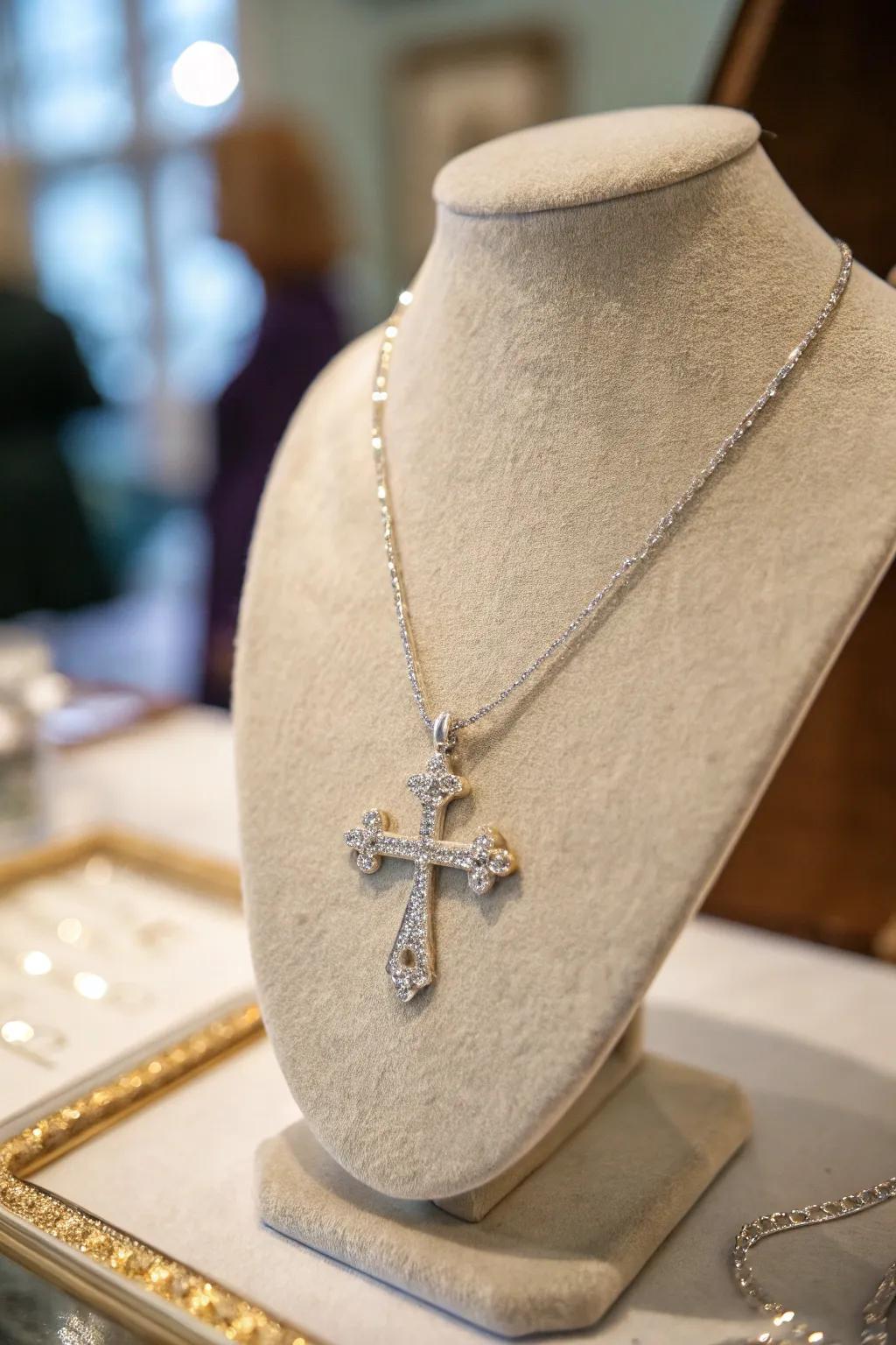 A delicate necklace with a cross pendant.