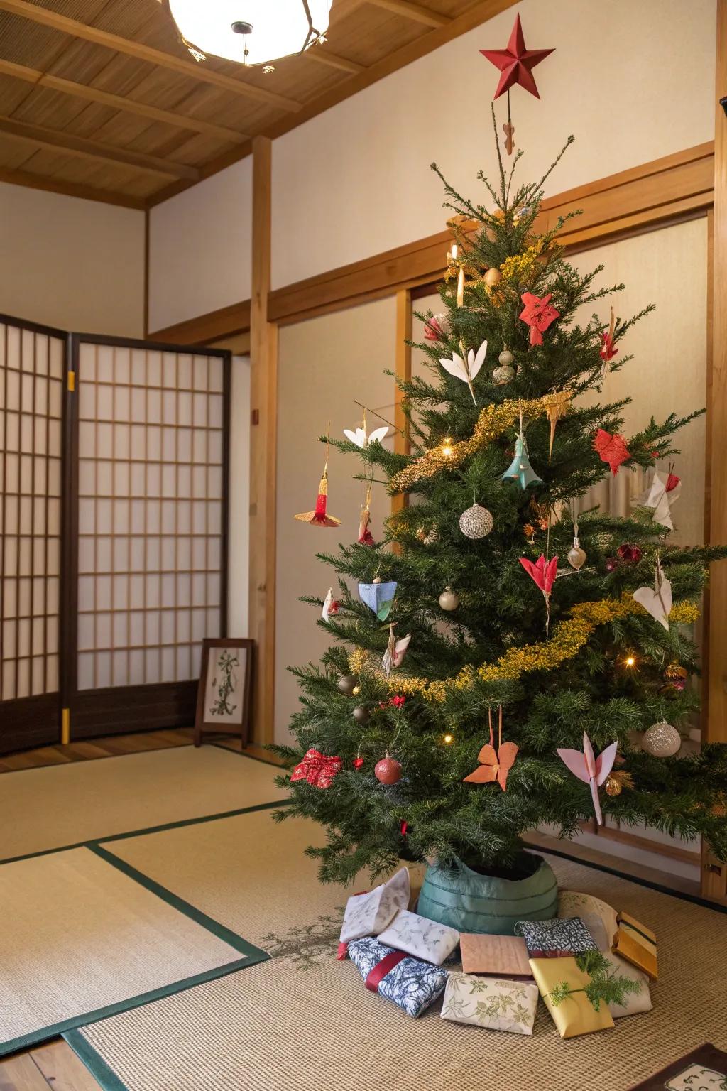 Japanese paper ornaments bring a whimsical and cultural touch to holiday decor.