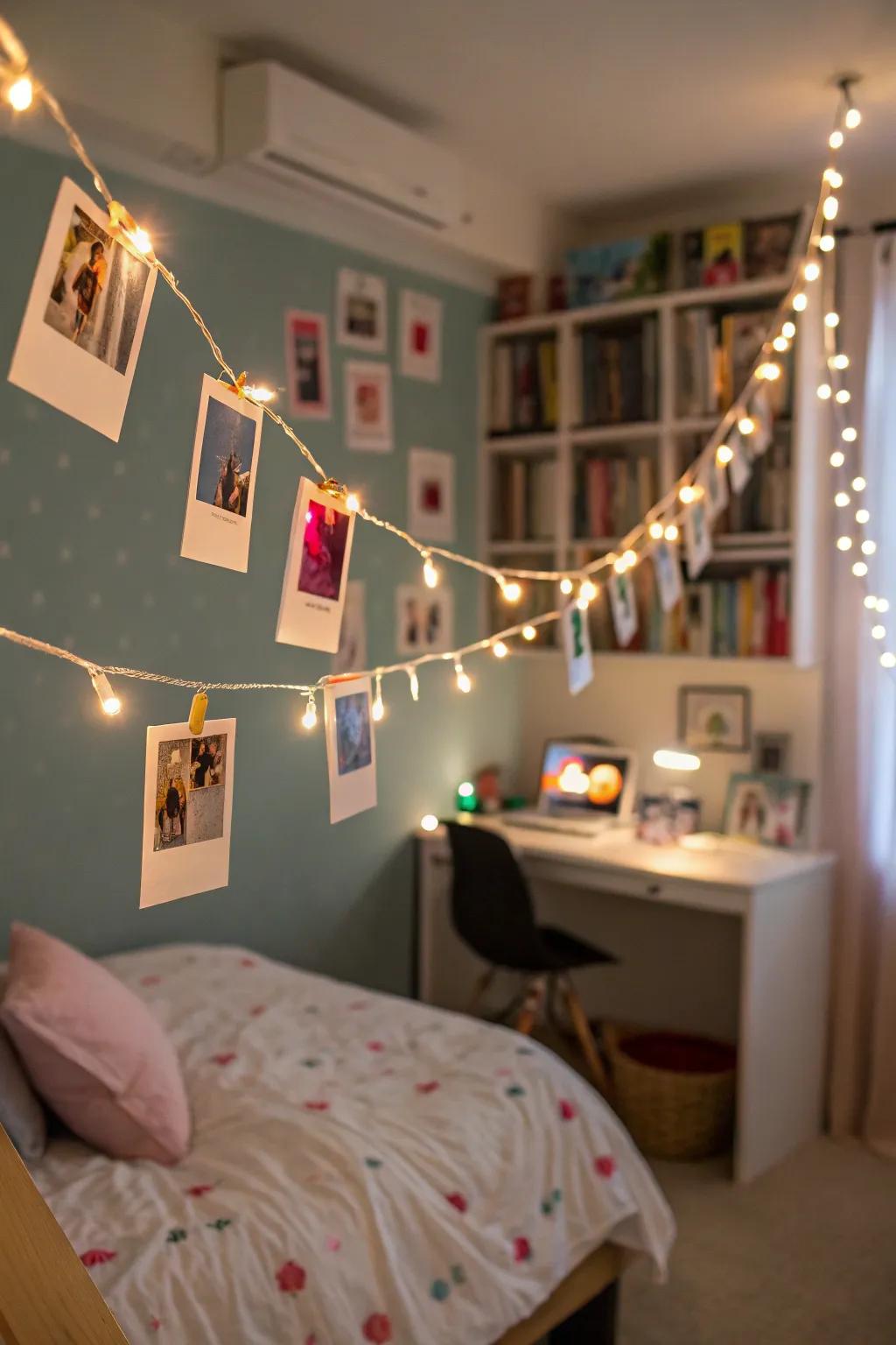 Illuminate memories with LED string lights and photo clips.