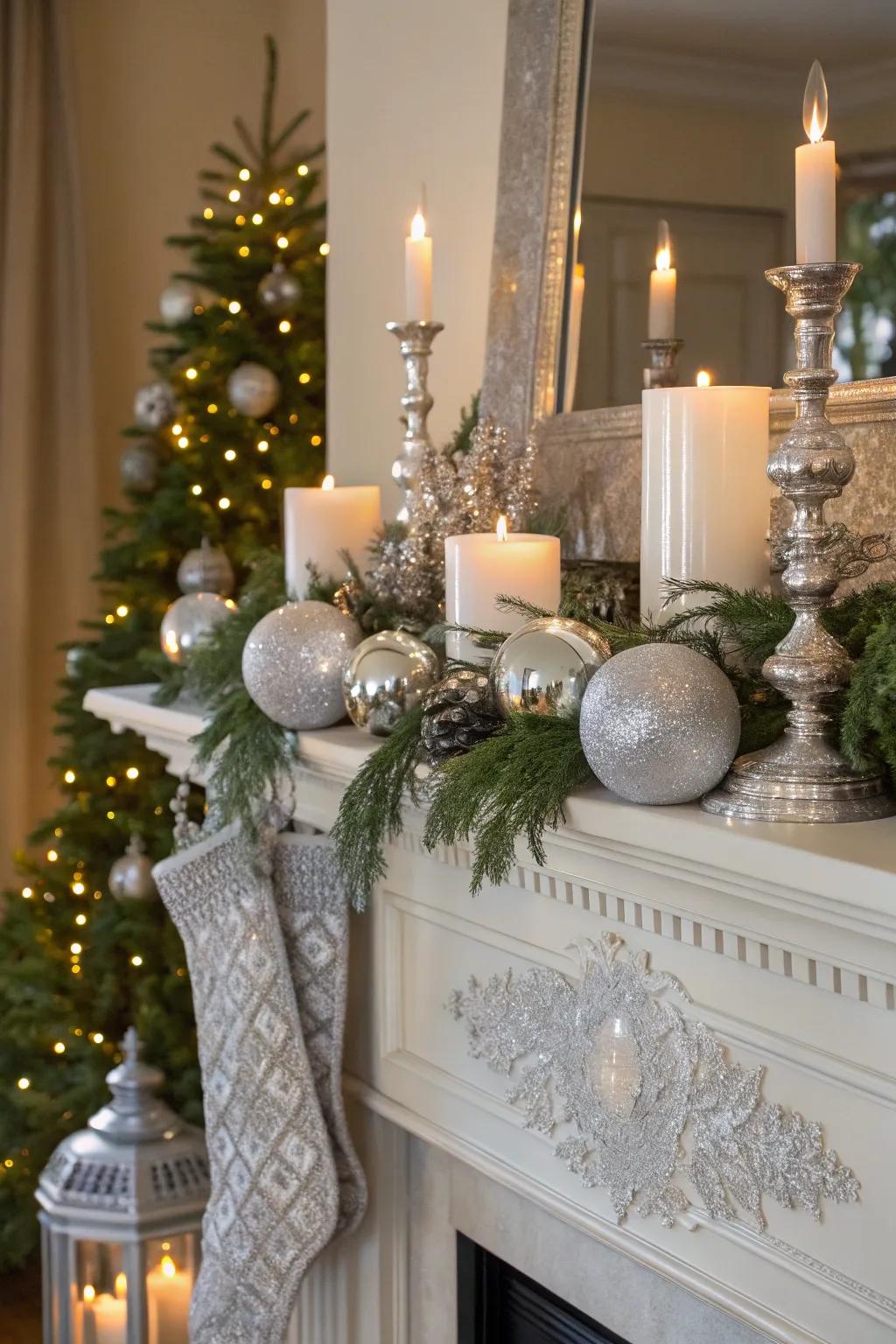 A sophisticated silver Christmas mantel.